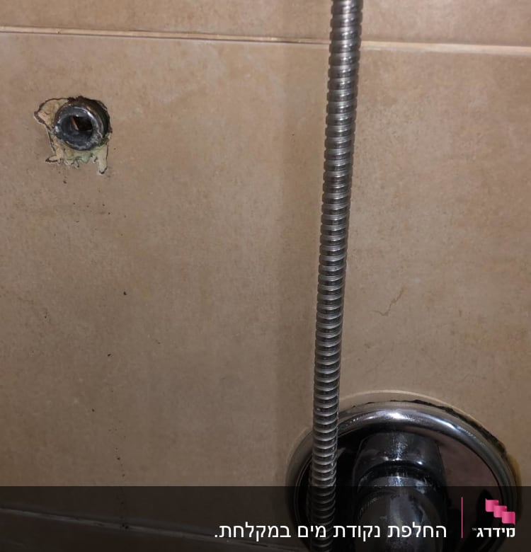 ברז מתכת עם צינור גמיש על קיר קרמיקה